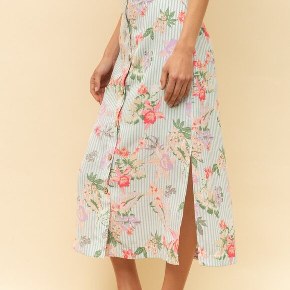 HEM & THREAD Floral Button-Front Midi Skirt | Mint Stripe Garden Print - Picture 2 of 8